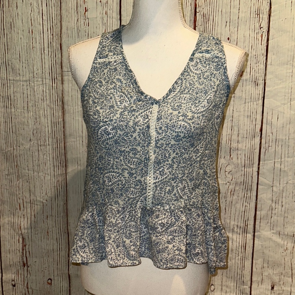 Patrons of Peace Gray and White Sleeveless Peplum Blouse